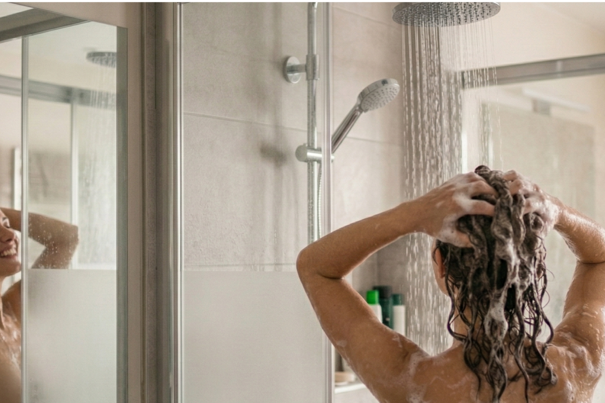 Woman washing hard with soft water in a shower